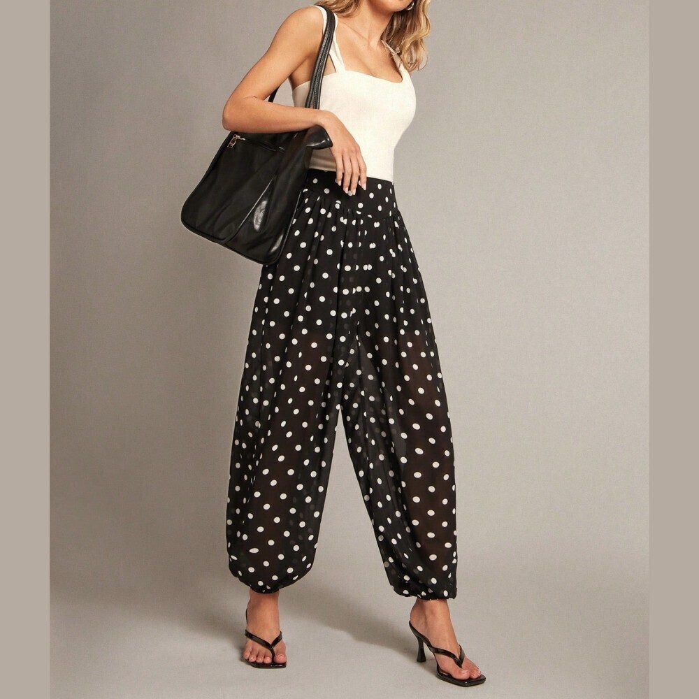 Black Polka Dot Sheer Harem Pants with Cinched Cuffs